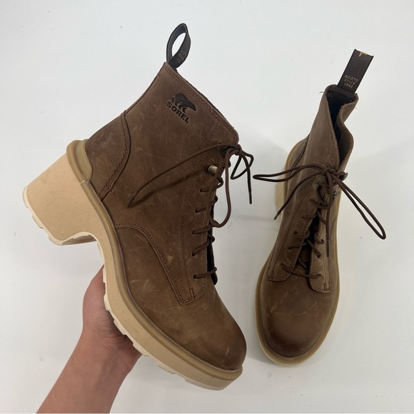 Sorel Shoes - Sorel Hi-Line Lace Up Block Heel Platform Brown Leather Boots Umber Ceramic 9.5